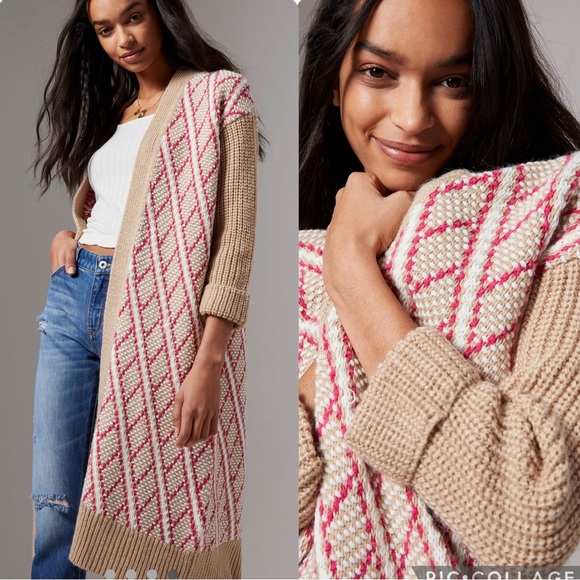 NWT Anthropologie Patrice Geometric Cardigan Sweater Womens Small Tan Cardi Knit - Picture 1 of 9